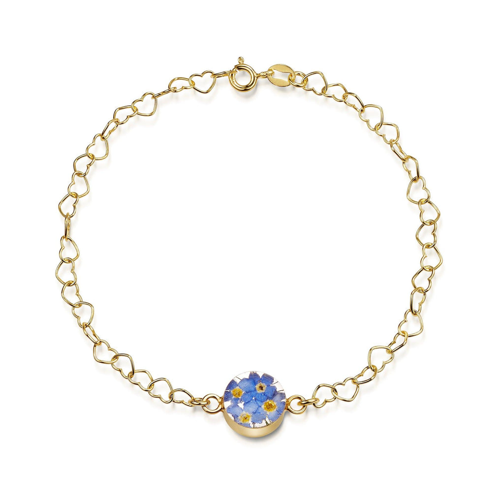 Gold plated Heart linked chain bracelet with flower charm - Forget-me-not - Round