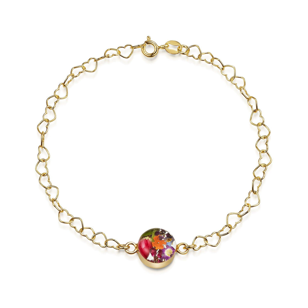 Gold plated Heart linked chain bracelet with flower charm - Mixed flower - Round