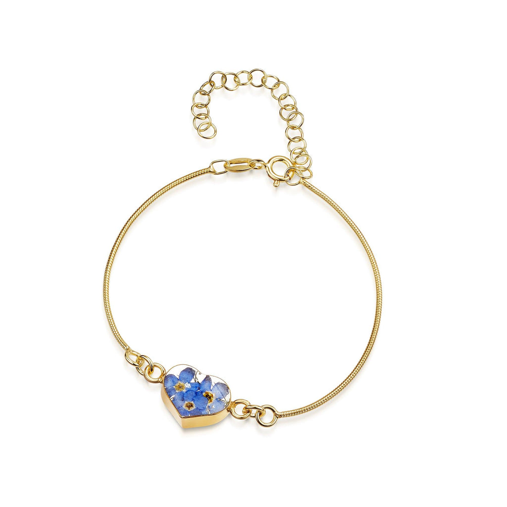 Gold plated snake bracelet with flower charm - Forget-me-not - Heart