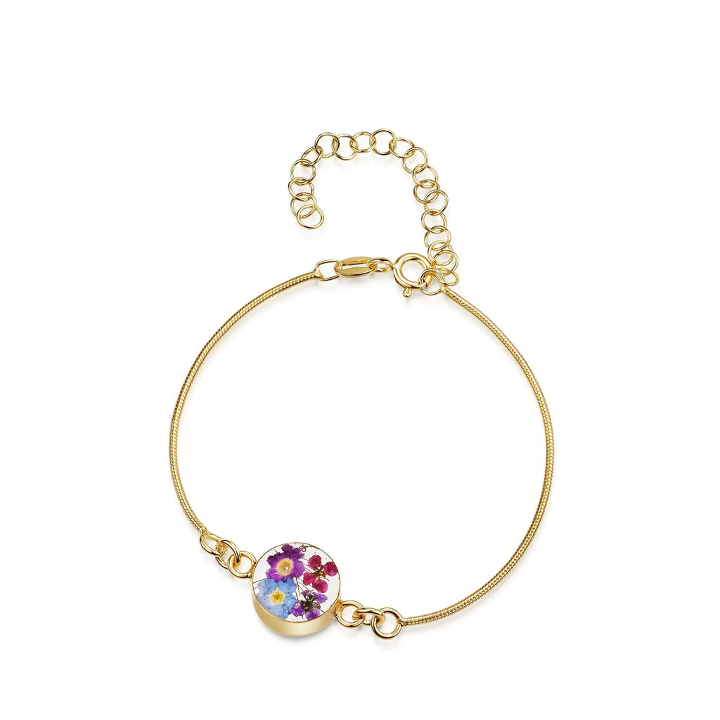 Gold plated snake bracelet with flower charm - Purple Haze - Round