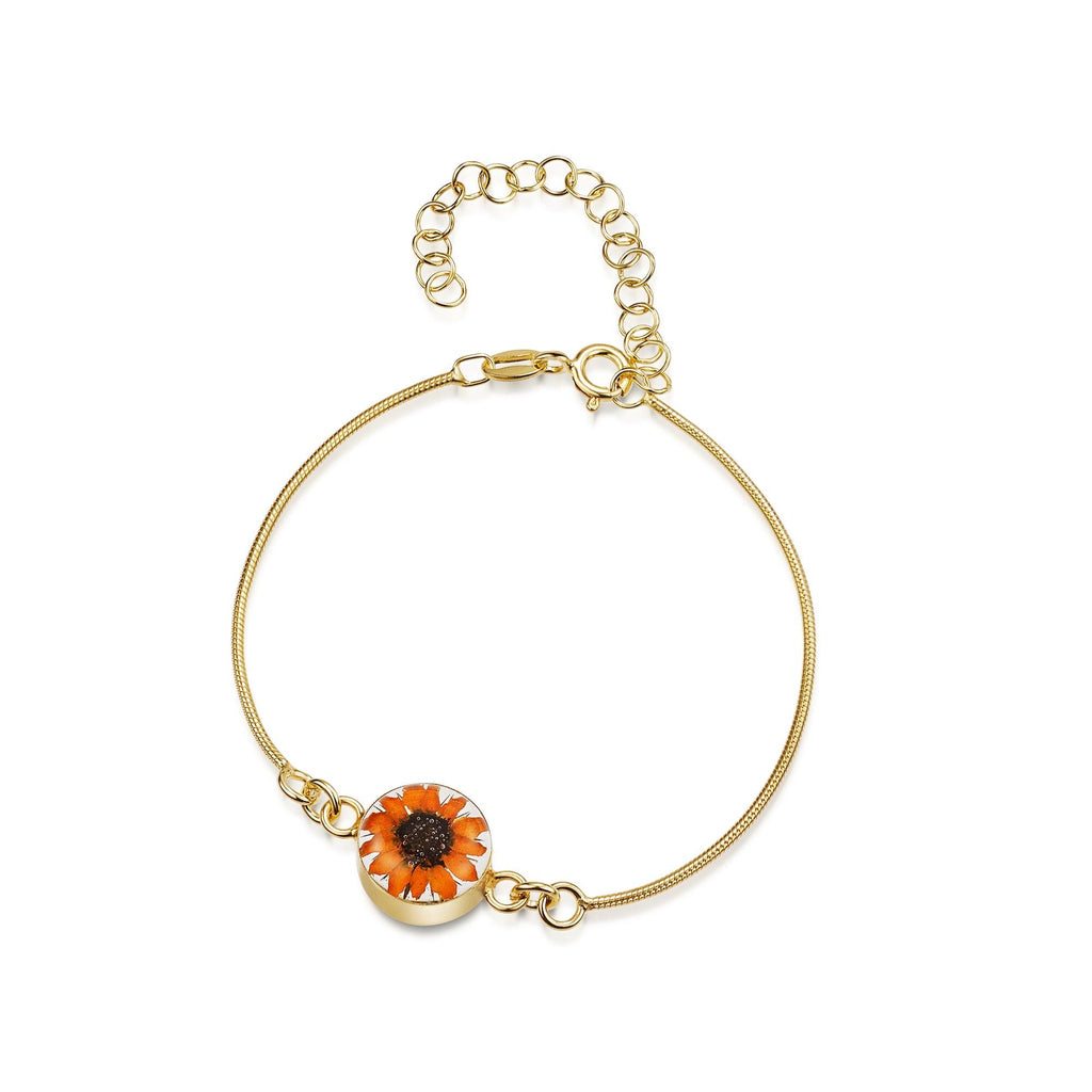 Gold plated snake bracelet with flower charm - Sunflower - Round