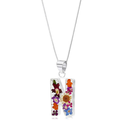 Initial necklace, Sterling silver Letters handmade with real Flowers. Perfect birthday gift