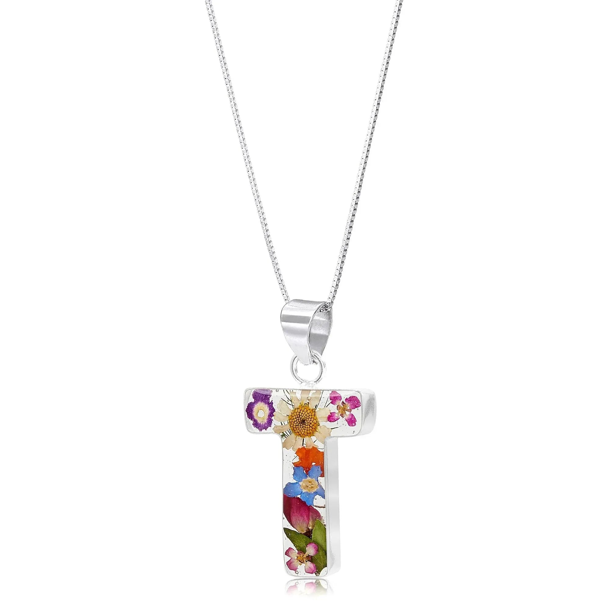 Initial necklace, Sterling silver Letters handmade with real Flowers. Perfect birthday gift