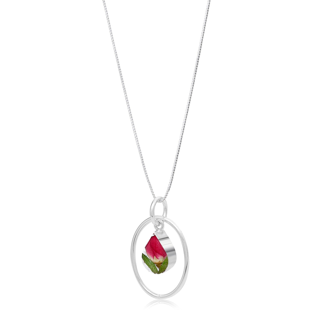 Miniature rose necklace by Shrieking Violet® Sterling silver teardrop pendant with real rose bud & silver oval hoop. Valentines gift