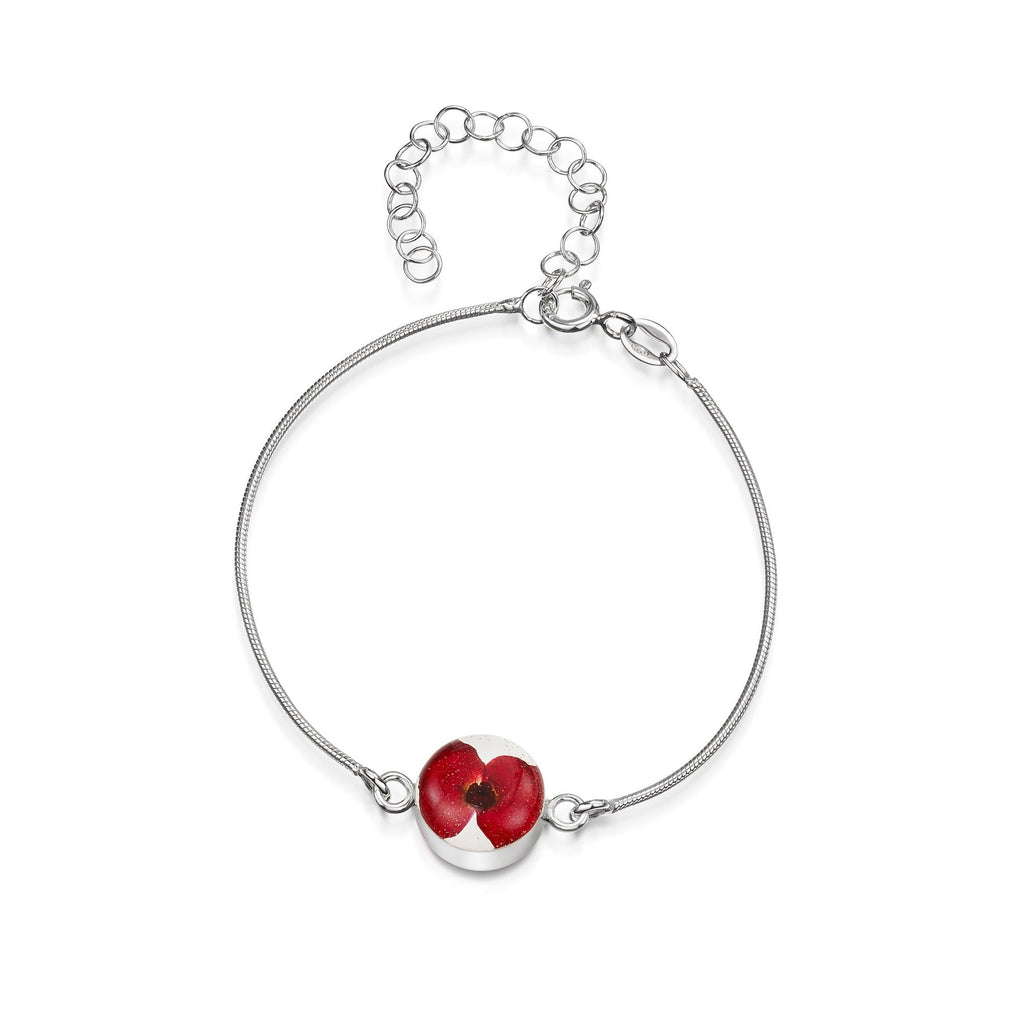 Poppy bracelet by Shrieking Violet® Sterling silver snake chain bracelet handmade with real flowers - handmade jewellery gift. One size fits all