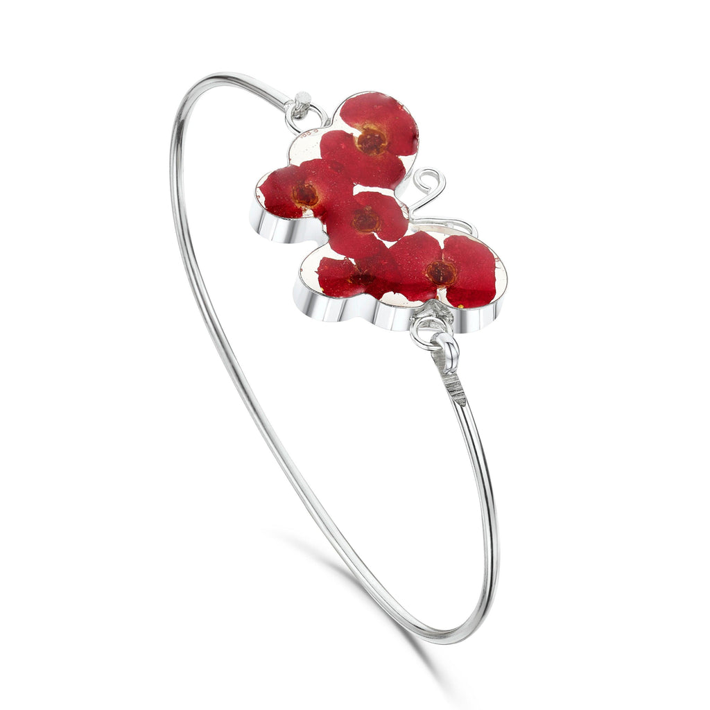 Poppy butterfly bangle with real flowers by Shrieking Violet® Sterling silver butterfly bangle. Includes giftbox.