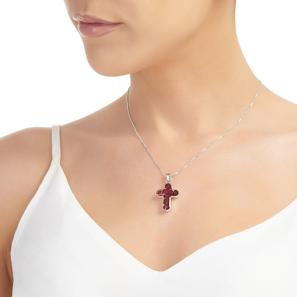 Poppy cross necklace by Shrieking Violet® Sterling silver pendant handmade with real Euphorbia milii flowers. Perfect jewellery gift for Christmas.