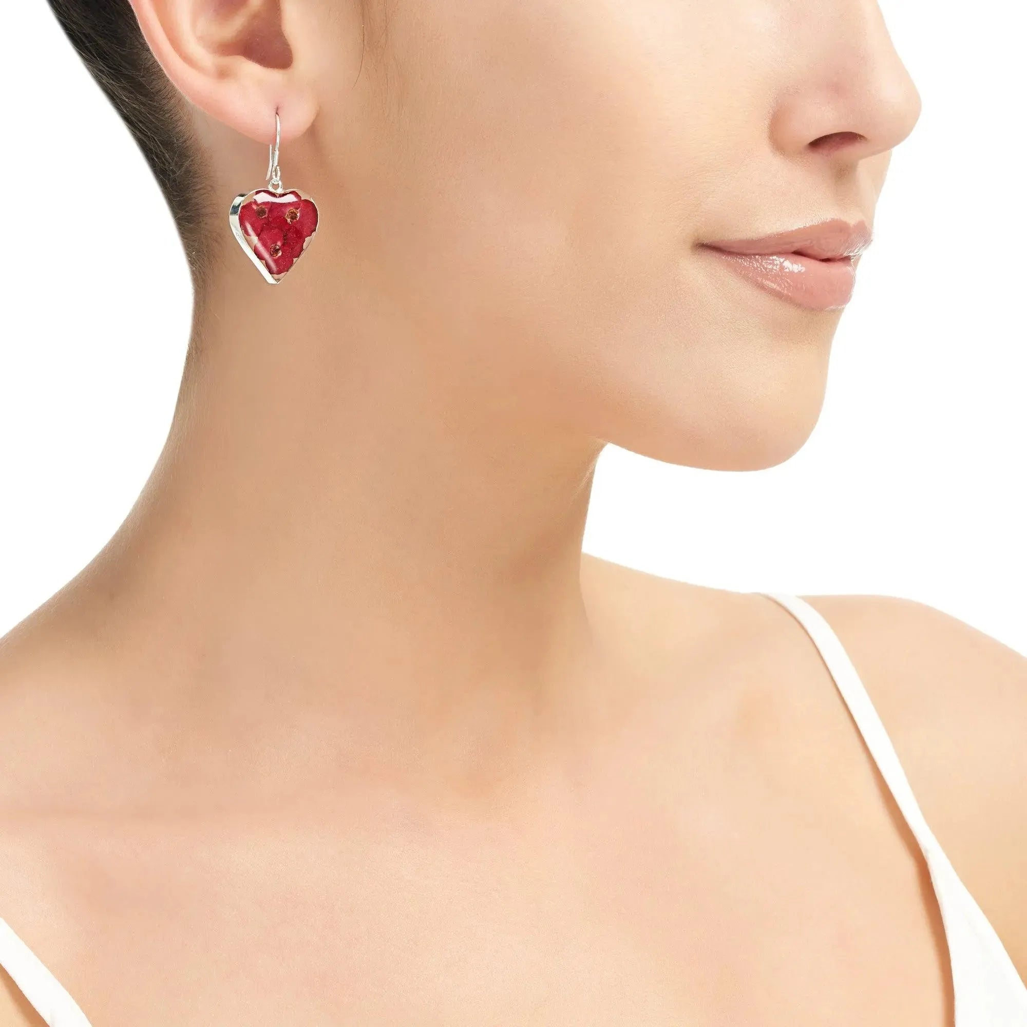 Poppy earrings by Shrieking Violet® Sterling silver heart drop dangle earrings with real flowers. Thoughtful jewellery gift for a special lady