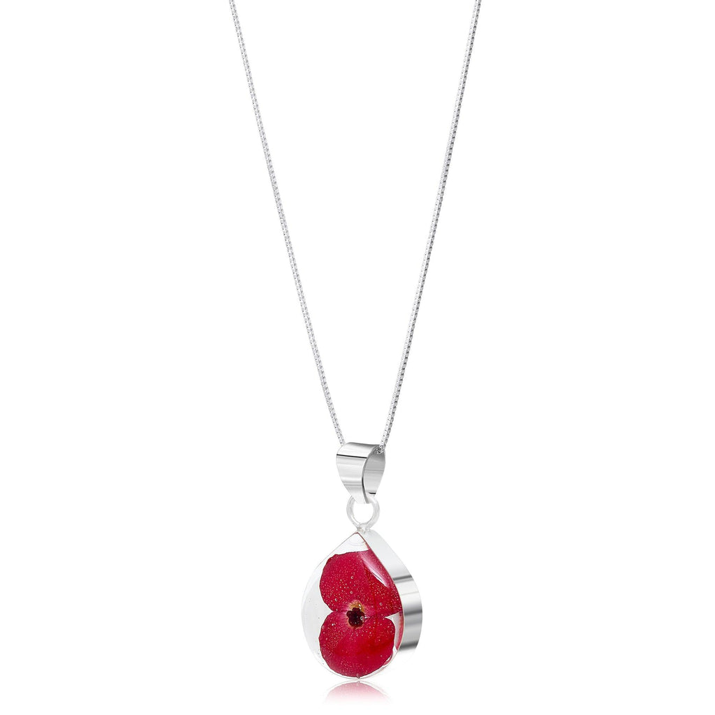 Poppy necklace by Shrieking Violet® Sterling silver teardrop pendant handmade with a single mini poppy (Euphorbia milii).