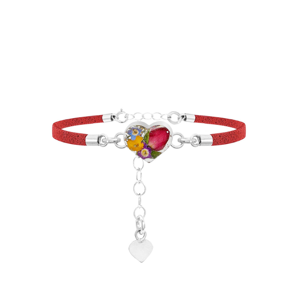 Shrieking Violet Funky Bracelet - Red 'Vegan suede' strap - Mixed flowers - Heart - Perfect gift for teacher - Sterling silver - One size