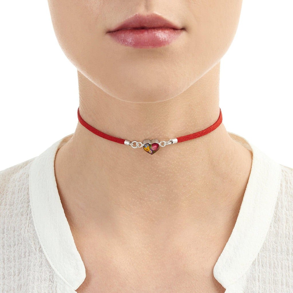 Shrieking Violet Funky Choker Necklace - Red 'Vegan suede' strap - Mixed flowers - Heart - Sterling silver - One size