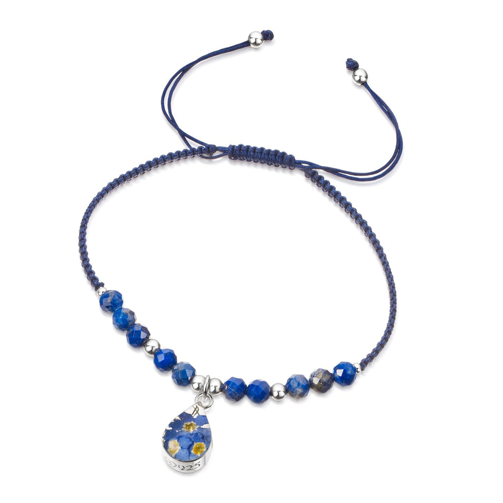 Shrieking Violet Gemstone Bracelet - Dark Blue bracelet with Lapis Lazuli bead. Sterling silver teardrop handmade with real forget-me-nots - One size
