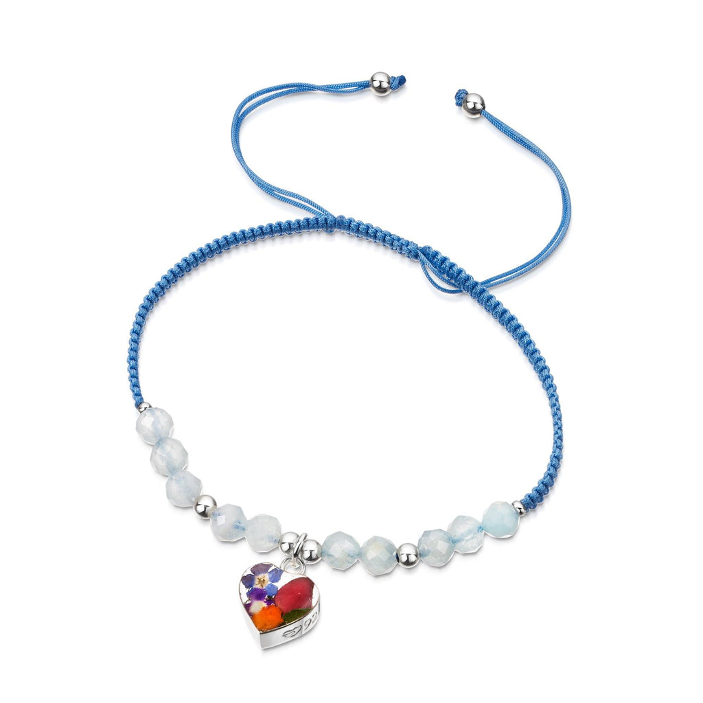 Shrieking Violet Gemstone Bracelet - Light Blue bracelet with Aquamarine beads - Sterling silver heart with real flowers - One size