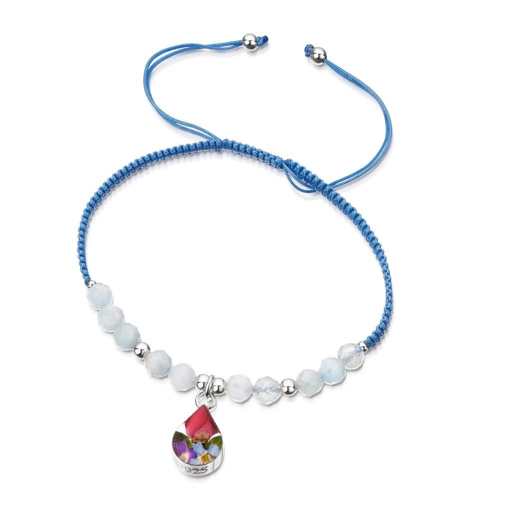 Shrieking Violet Gemstone Bracelet - Light Blue bracelet with Aquamarine beads - Sterling silver teardrop charm with real flowers - One size