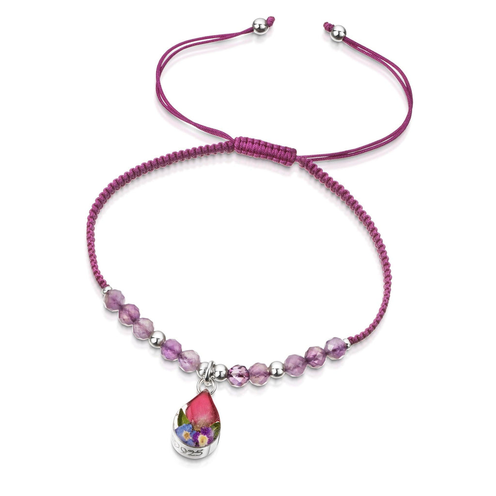 Shrieking Violet Gemstone Bracelet - Purple nylon bracelet with Amethyst beads - Sterling silver teardrop charm with real flowers - One size