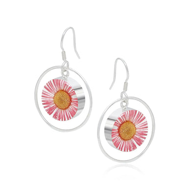 Silver Earrings - Daisy Pink - with Silver Round Surround