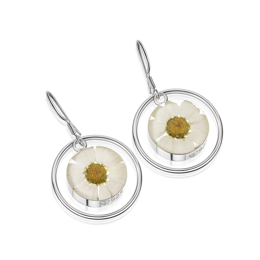 Silver Earrings - Daisy White - with Silver Round Surround
