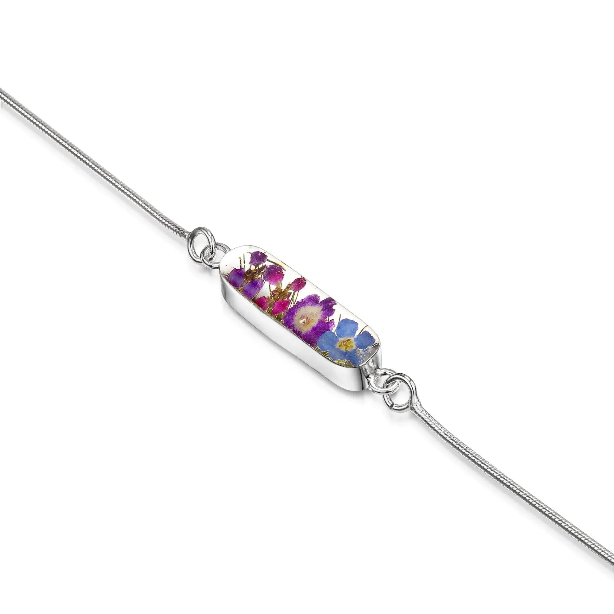 Shrieking Violet Bracciale In Argento 925 Con Fiore Reale – Ciondolo Ovale A Serpente, Catena 19,8 Cm, Gioiello Fatto A Mano