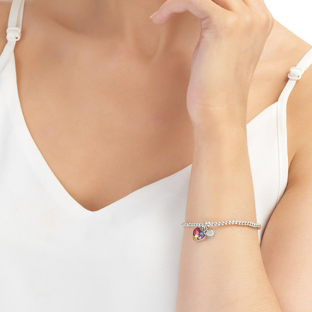 Sterling silver beaded elasticated bracelet - Handmade real flower charm - Sterling silver heart charm