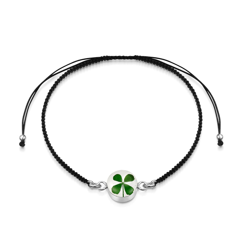 Sterling Silver black woven bracelet with flower charm - Clover - Round