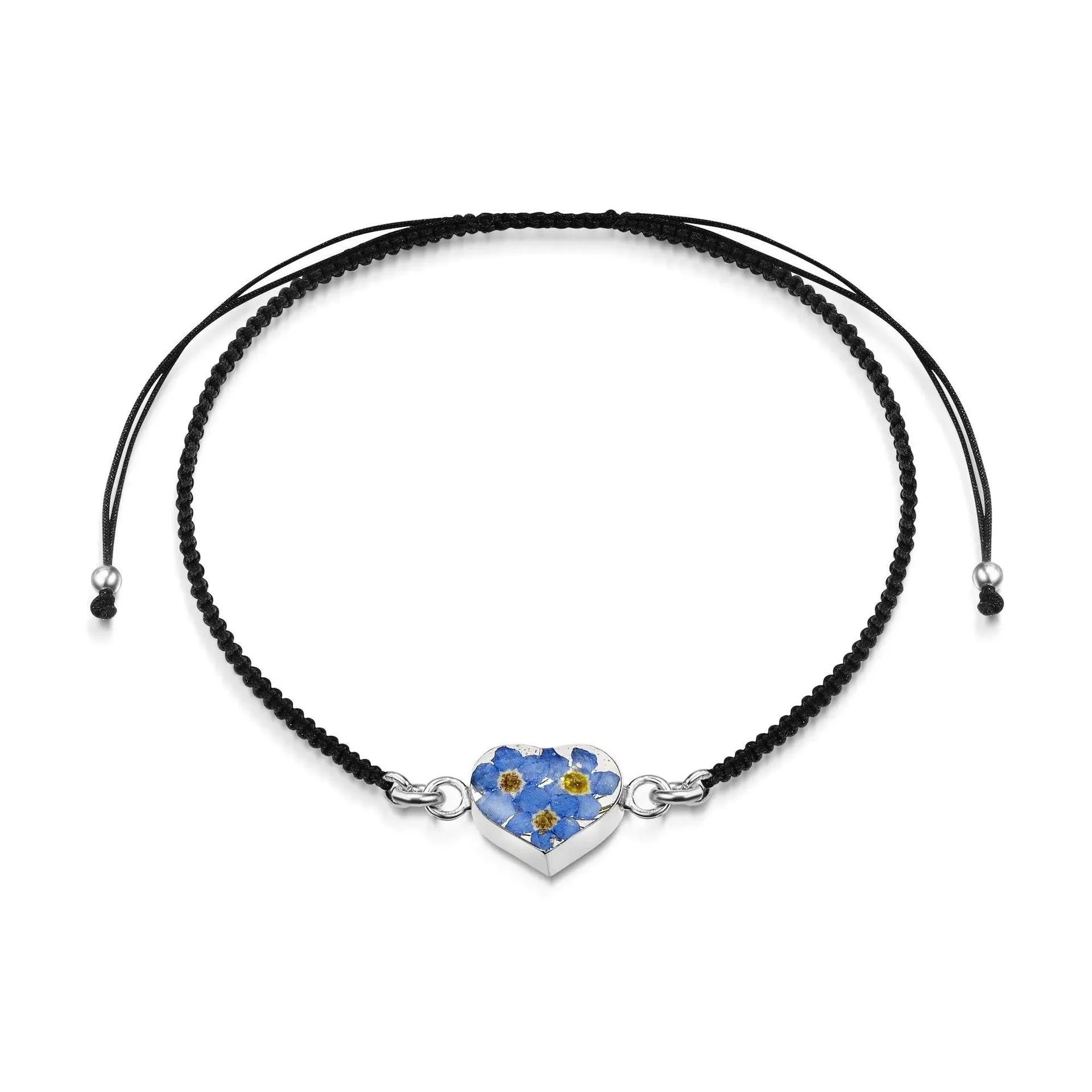 纯银黑色编织手链，带花朵吊饰- 勿忘我- 心形– Shrieking Violet®