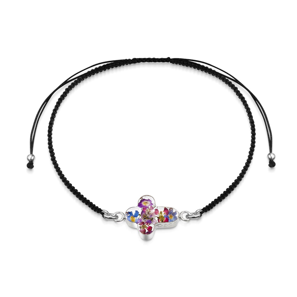 Sterling Silver black woven bracelet with flower charm - Purple Haze - Cross