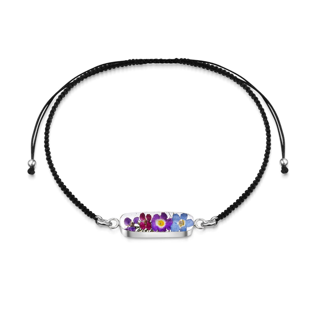 Sterling Silver black woven bracelet with flower charm - Purple Haze - Oval