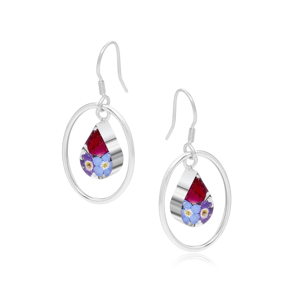 Sterling Silver Dangle Drop Earrings with Real Flowers - Miniature Roses, Forget-Me-Nots & Purple Verbena