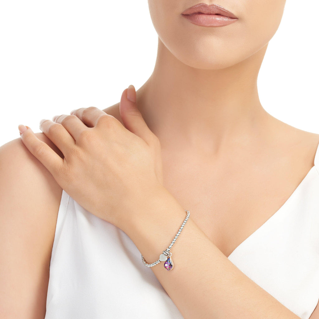 Sterling silver elasticated bead bracelet - Purple haze real flower charm,- Sterling silver heart charm