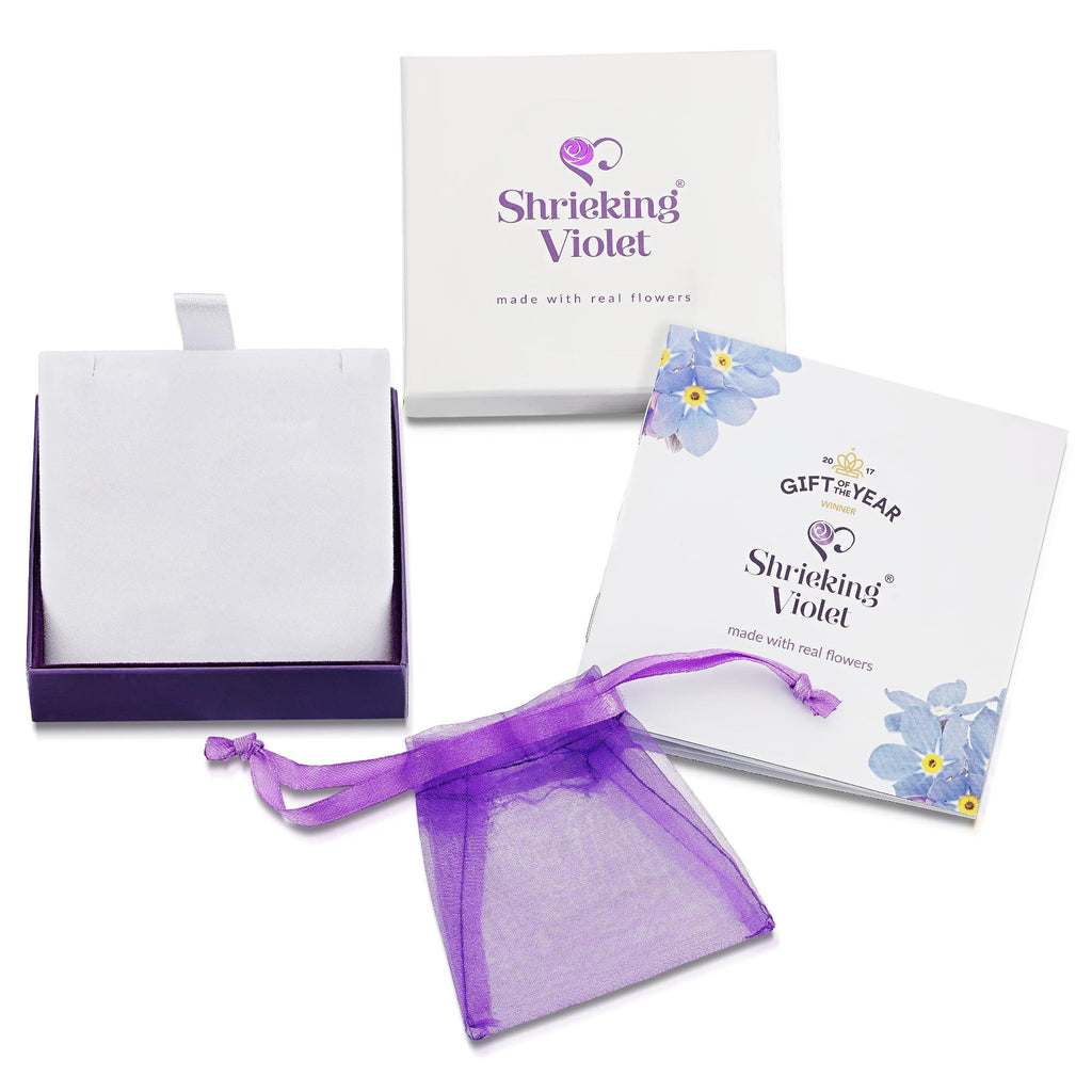 Sterling silver elasticated bead bracelet - Purple haze real flower charm,- Sterling silver heart charm