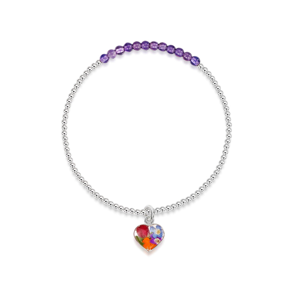 Sterling silver elasticated beaded bracelet - Amethyst stone - Mixed flower - Heart