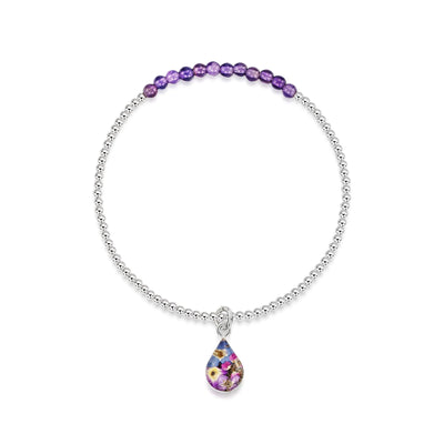 Sterling silver elasticated beaded bracelet - Amethyst stone - Purple haze - Teardrop
