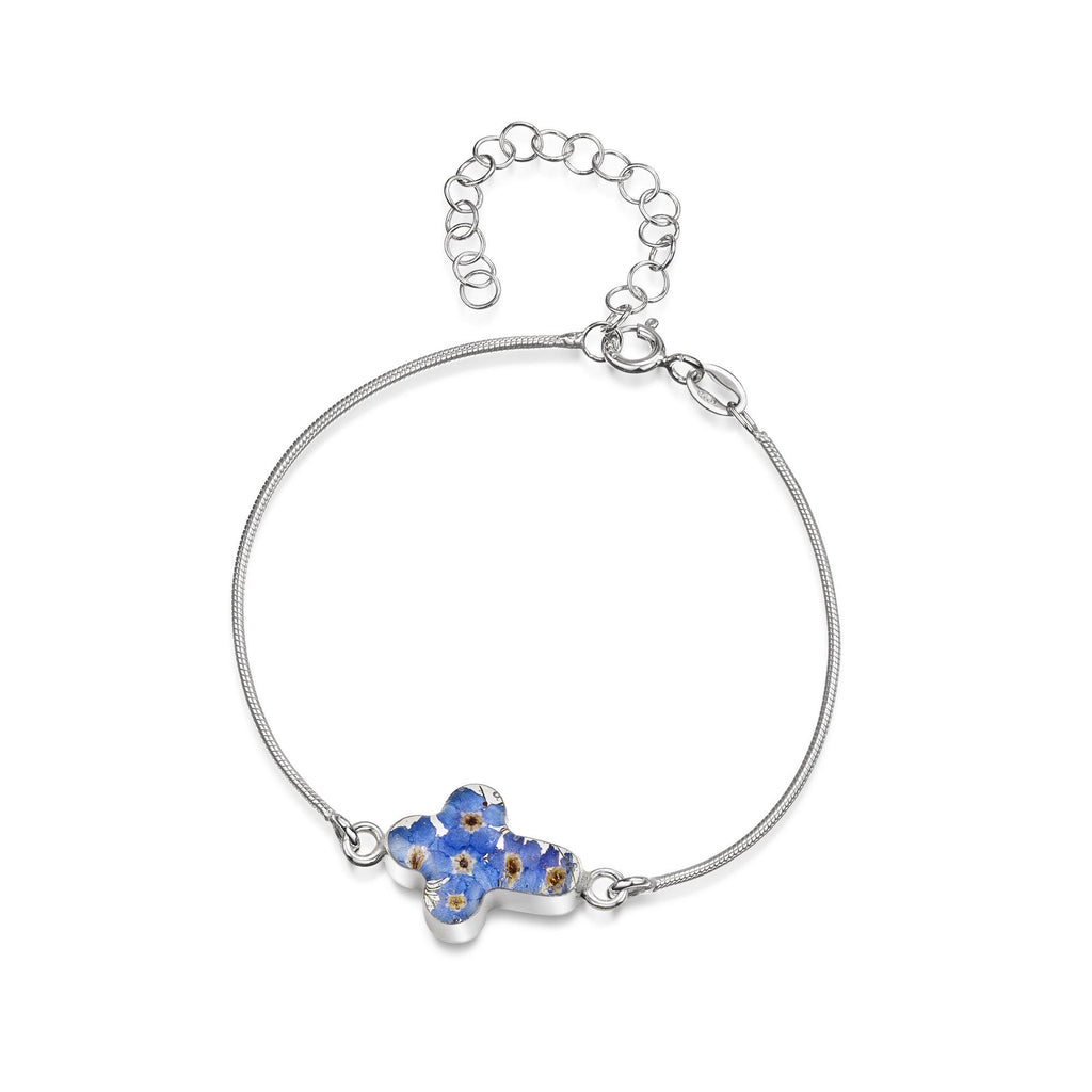 Sterling silver Rhodium plated snake bracelet with flower charm - Forget-me-not -Cross