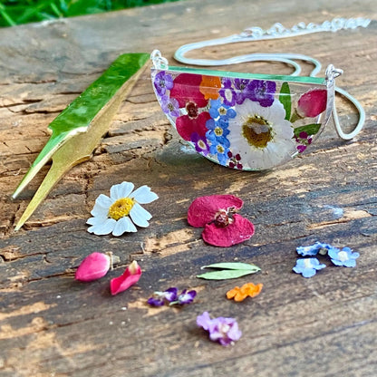 Sterling silver snake chain necklace | Mixed flowers | Half Moon