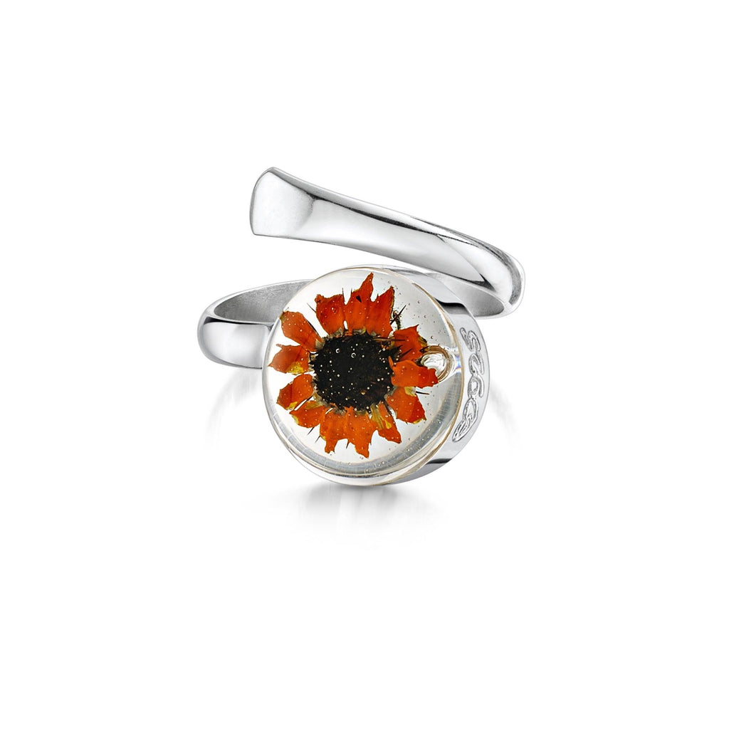 Sunflower jewellery by Shrieking Violet® Sterling silver adjustable ring with a real flower. Ideal gift for a special friend, mum, wife